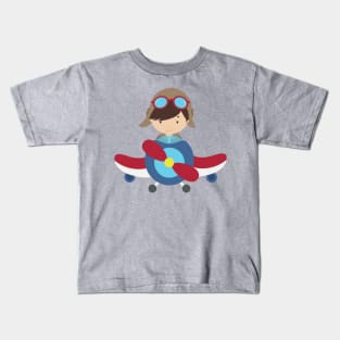 Pilot Boy, Airplane, Plane, Flying, Brown Hair Kids T-Shirt